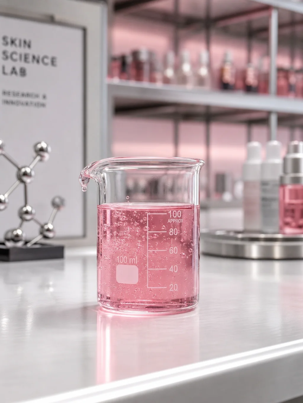 Translucent botanical serum drops on cosmetic laboratory glassware